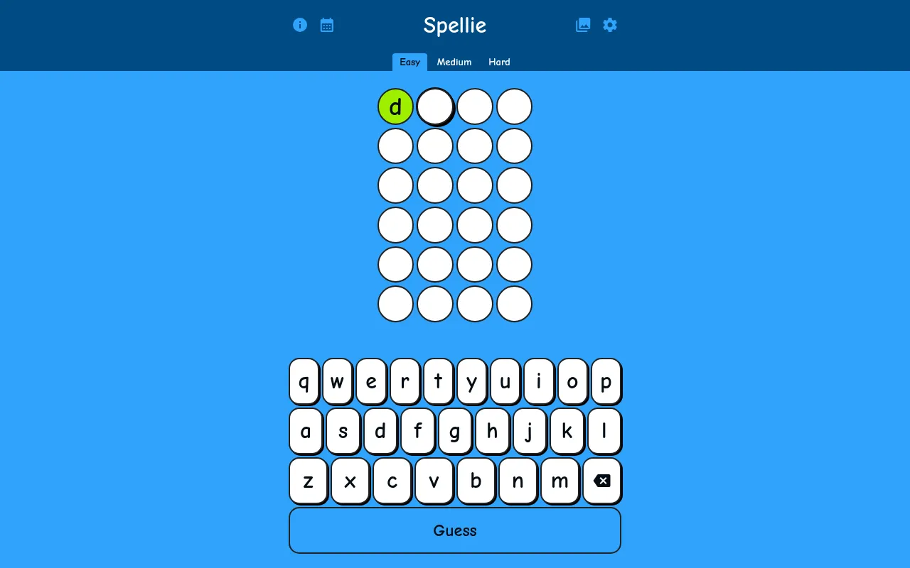 Today's Spellie Easy puzzle: six rows of four round letter tiles with the first letter d shown in green, above a lower-case keyboard and a Guess button