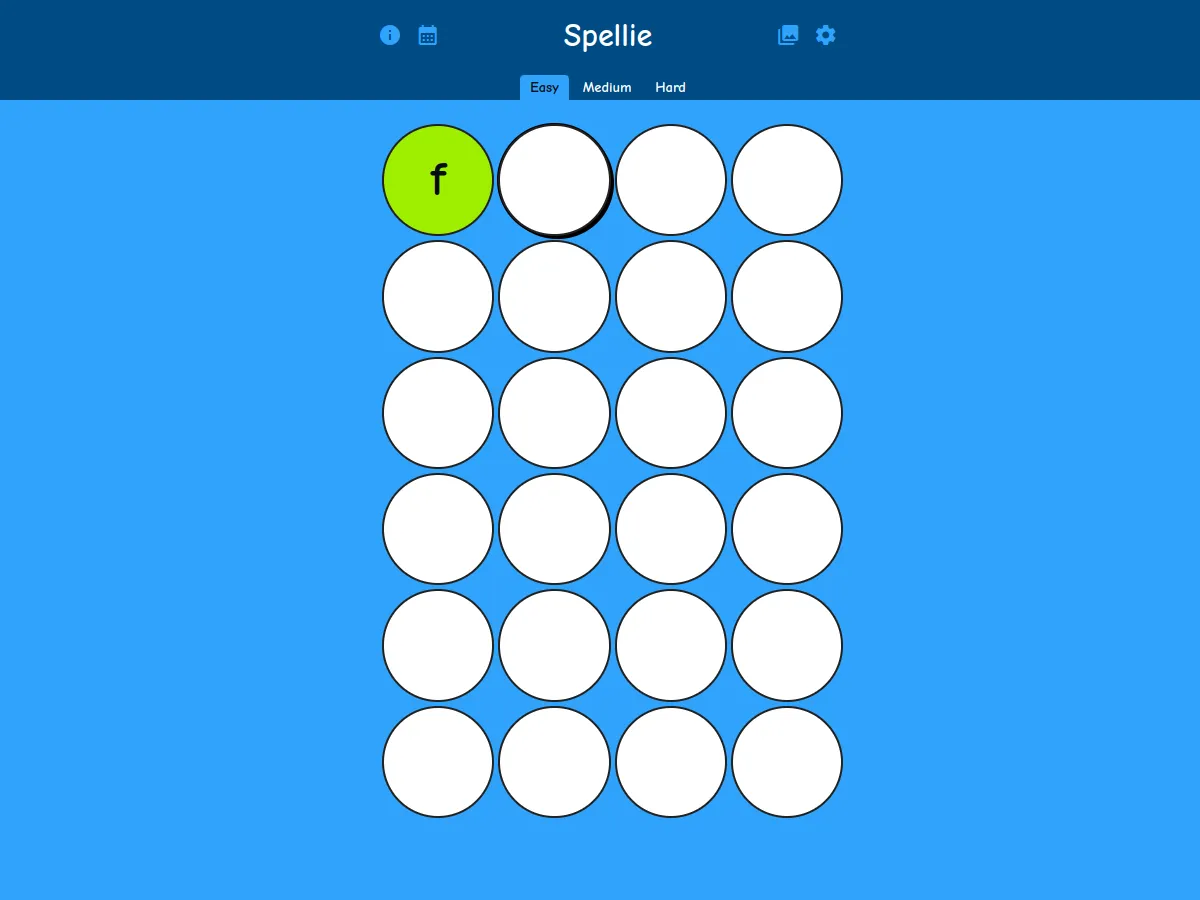 Spellie Easy puzzle with a grid of six rows of round letter tiles