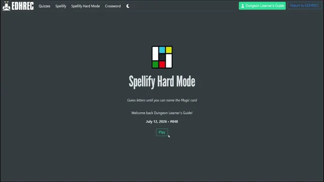 The Spellify Hard Mode start screen on EDHREC for July 12, 2026, puzzle #848, with a Play button