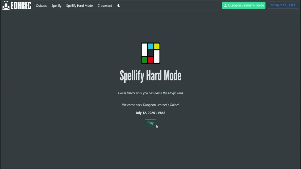The Spellify Hard Mode start screen on EDHREC for July 12, 2026, puzzle #848, with a Play button