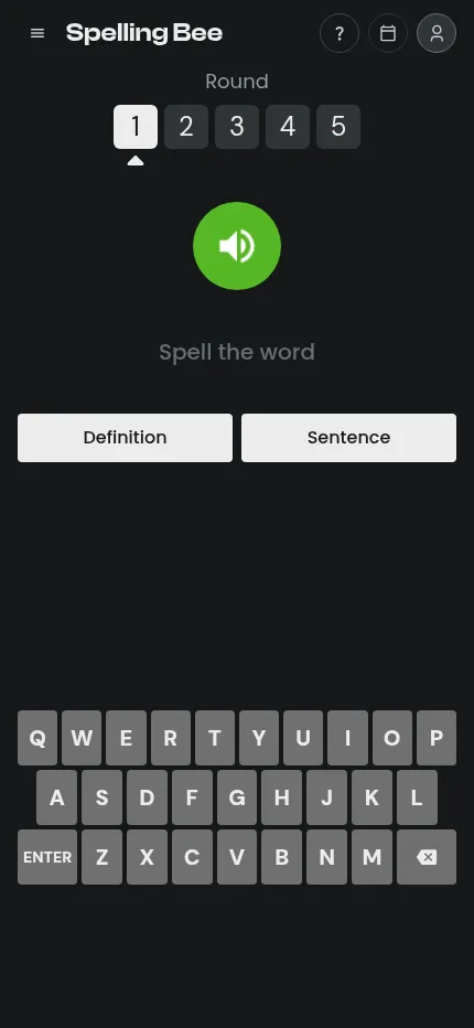 Lessgames Spelling Bee on a phone: rounds 1 to 5, the green speaker button, Definition and Sentence buttons and the on-screen keyboard