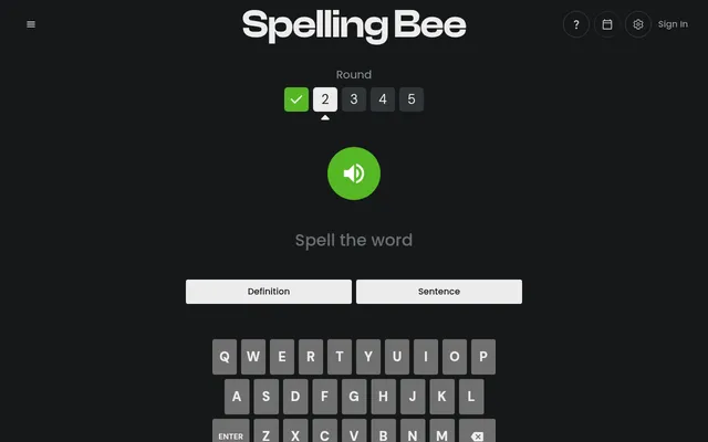 Lessgames Spelling Bee on 26 October 2026 at desktop size: round 1 ticked green, round 2 next, the green speaker button, Definition and Sentence buttons and the keyboard
