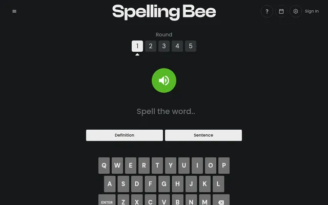 The Lessgames Spelling Bee screen: rounds 1 to 5 across the top, a green play-word speaker button, Spell the word prompt, Definition and Sentence buttons and a keyboard
