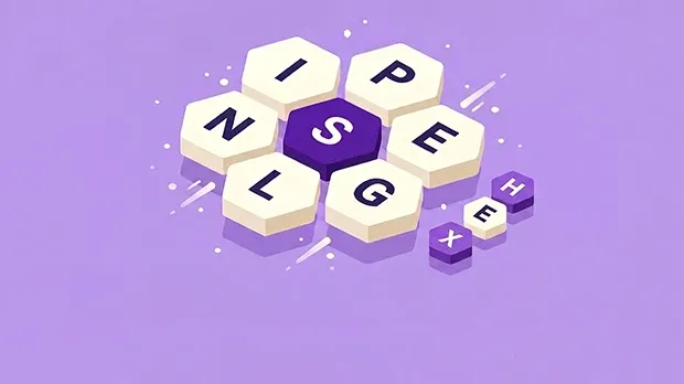 Spelling Hex key art: cream hexagonal letter tiles N, I, P, E, G and L around a purple centre tile S, with small tiles spelling HEX