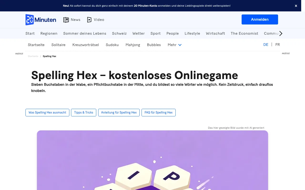 The Spelling Hex page on 20 Minuten: Sieben Buchstaben in der Wabe, ein Pflichtbuchstabe in der Mitte, above the game's hex-tile art