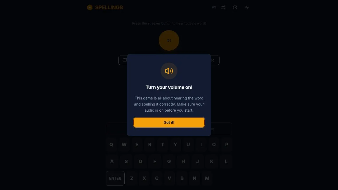 Spellingb daily challenge screen with the orange speaker button, Definition, Sentence and Phonetic hint buttons and the letter keyboard, under a Turn your volume on reminder