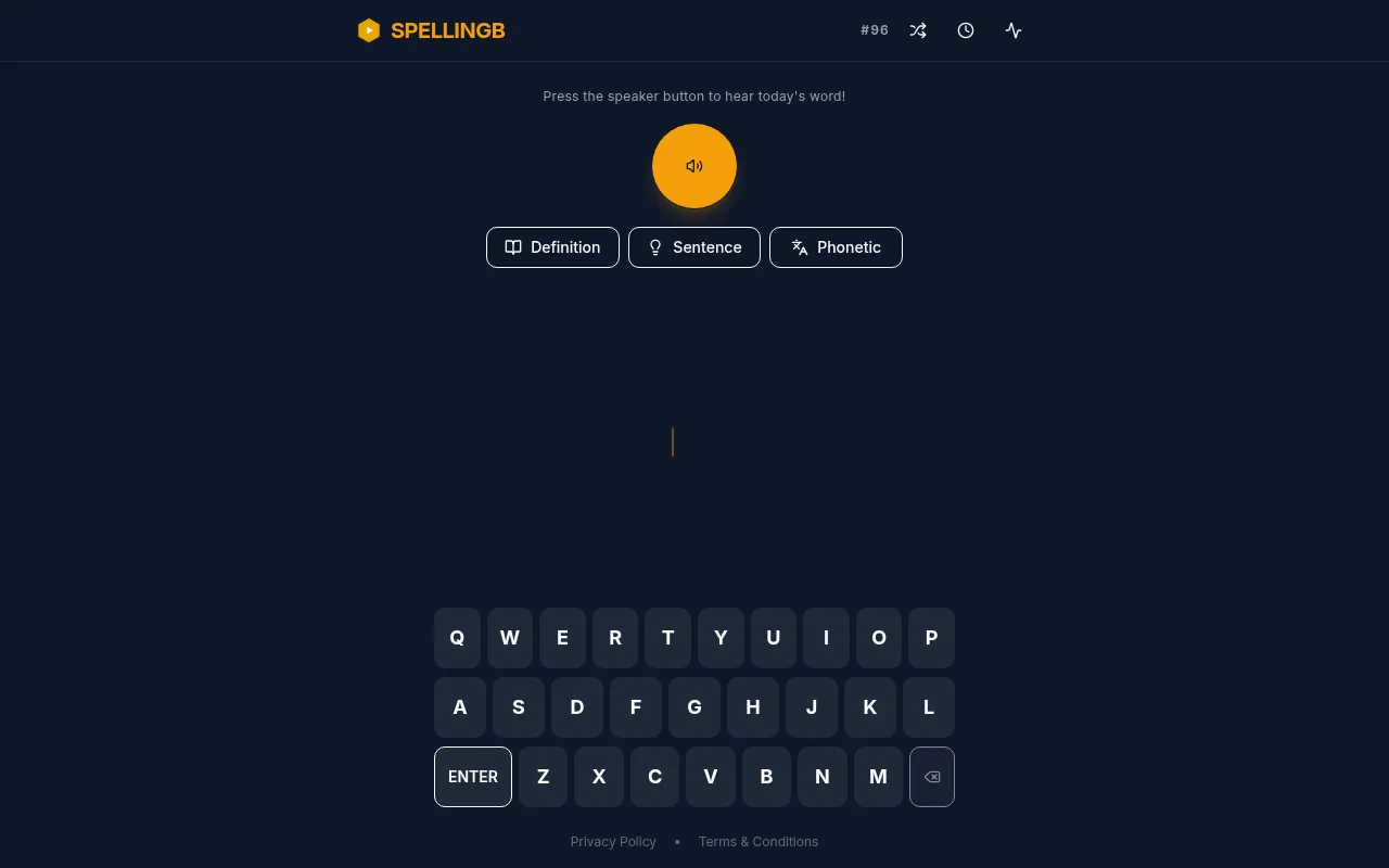 Spellingb challenge #96: the speaker button to hear the day's word, three hint buttons and the on-screen keyboard