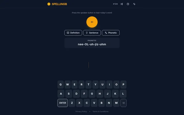 Spellingb challenge #106 on 27 October 2026 at desktop size: the orange speaker button, the Definition, Sentence and Phonetic hints with the phonetic spelling shown, and the keyboard
