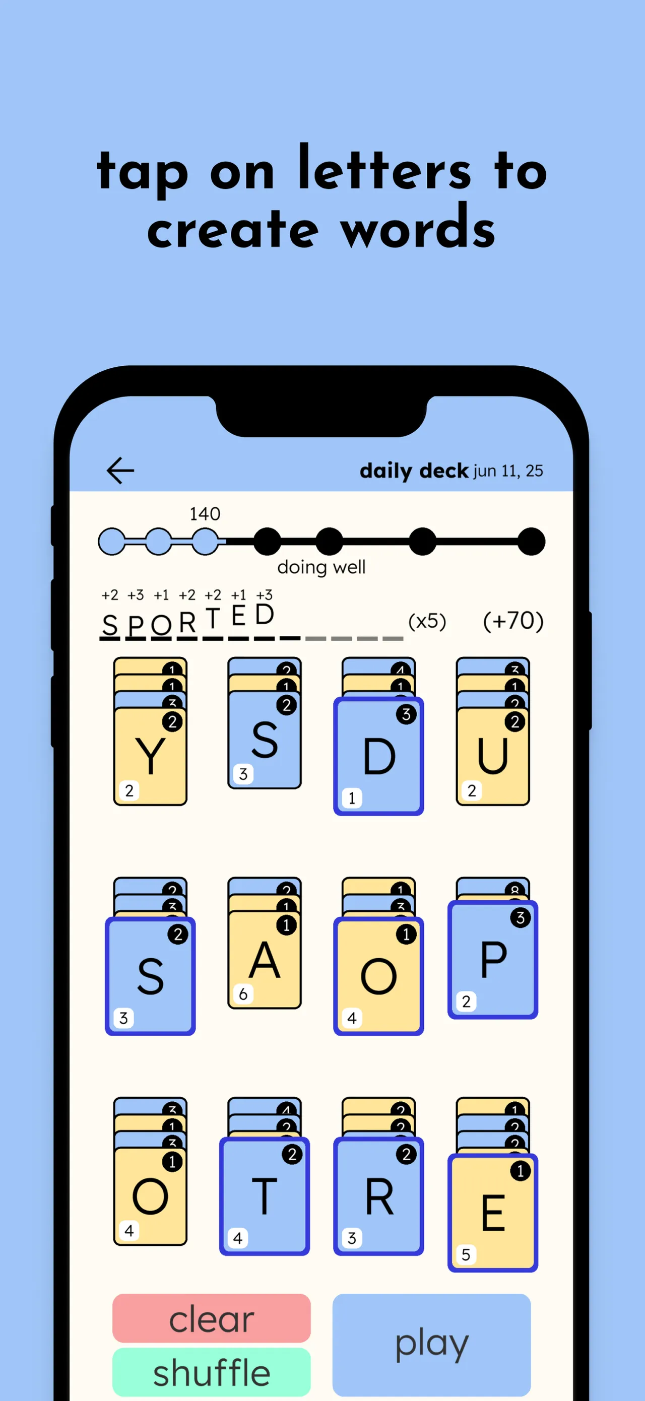 Spellitaire's daily deck for June 11, 2025: twelve stacks of letter cards with the word SPORTED being built above them