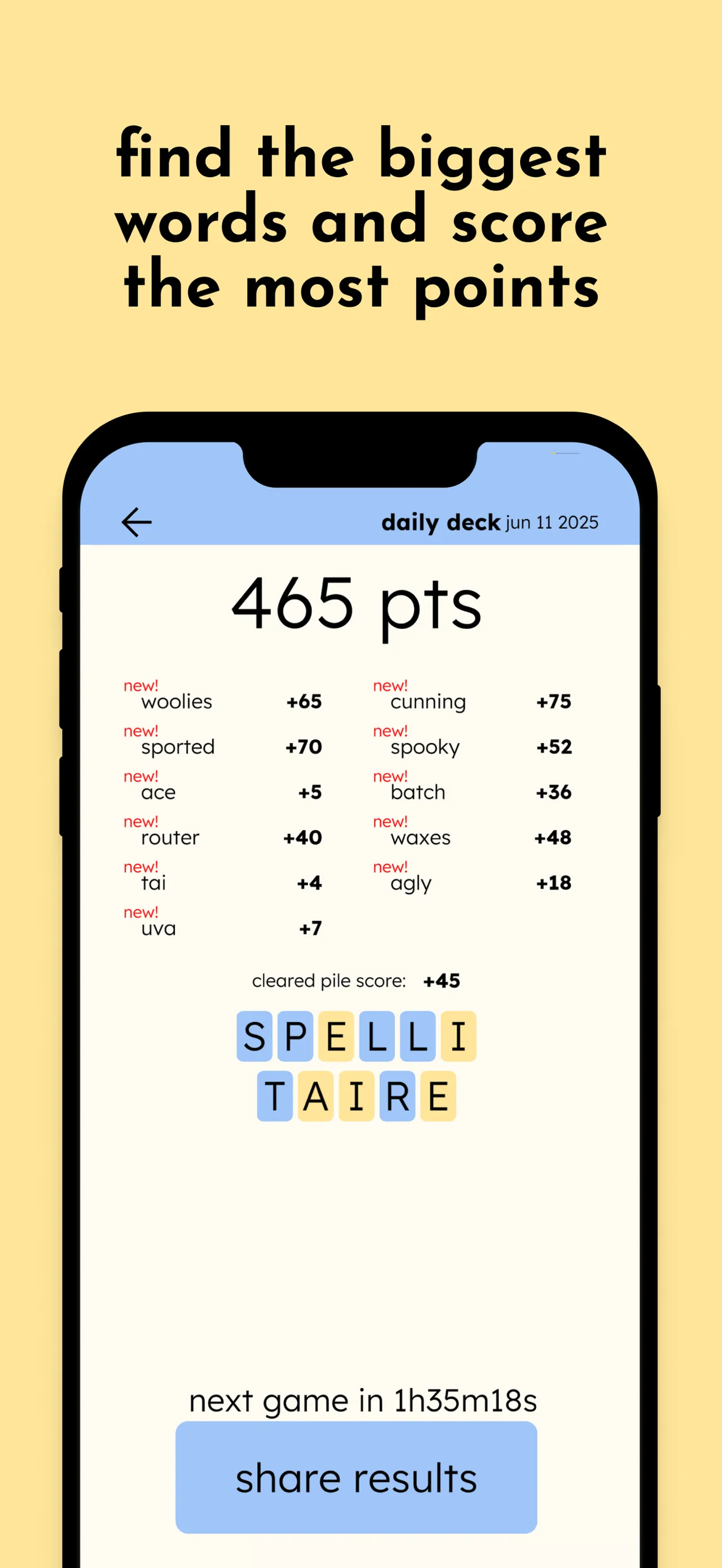 Spellitaire's results: 465 points with each word's score, a cleared pile bonus and a share results button