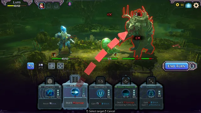 SpellRogue screenshot of a battle with Mana Dice and spell cards