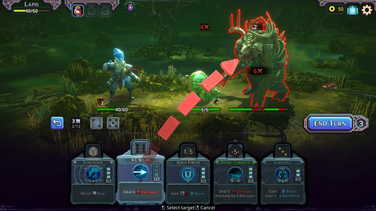SpellRogue screenshot of a battle with Mana Dice and spell cards