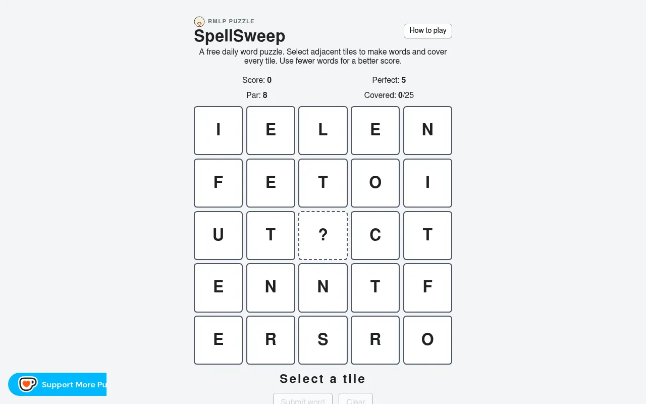 SpellSweep daily board: a 5x5 grid of letter tiles with a wildcard ? tile in the centre, score 0, perfect 5, par 8 and covered 0/25