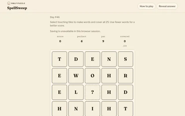 SpellSweep Day #46 board on 27 October 2026: a 5x5 grid of letter tiles with a dashed ? wildcard in the centre, perfect 6, par 9, covered 0/25