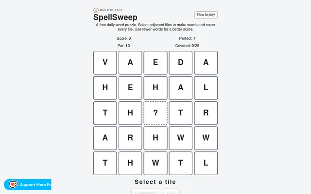 SpellSweep board for 18 October 2026: a 5x5 grid of letter tiles with a wildcard ? tile in the centre, perfect 7, par 10, covered 0/25