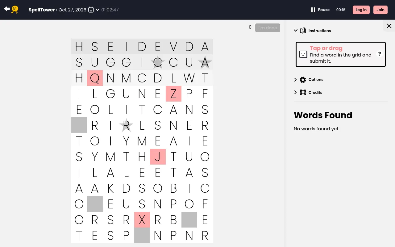 Today's SpellTower board on Puzzmo for Oct 27, 2026 at desktop size: a tower of 13 rows of 9 letters with grey blank blocks and red Q, Z, J and X tiles, beside the instructions panel