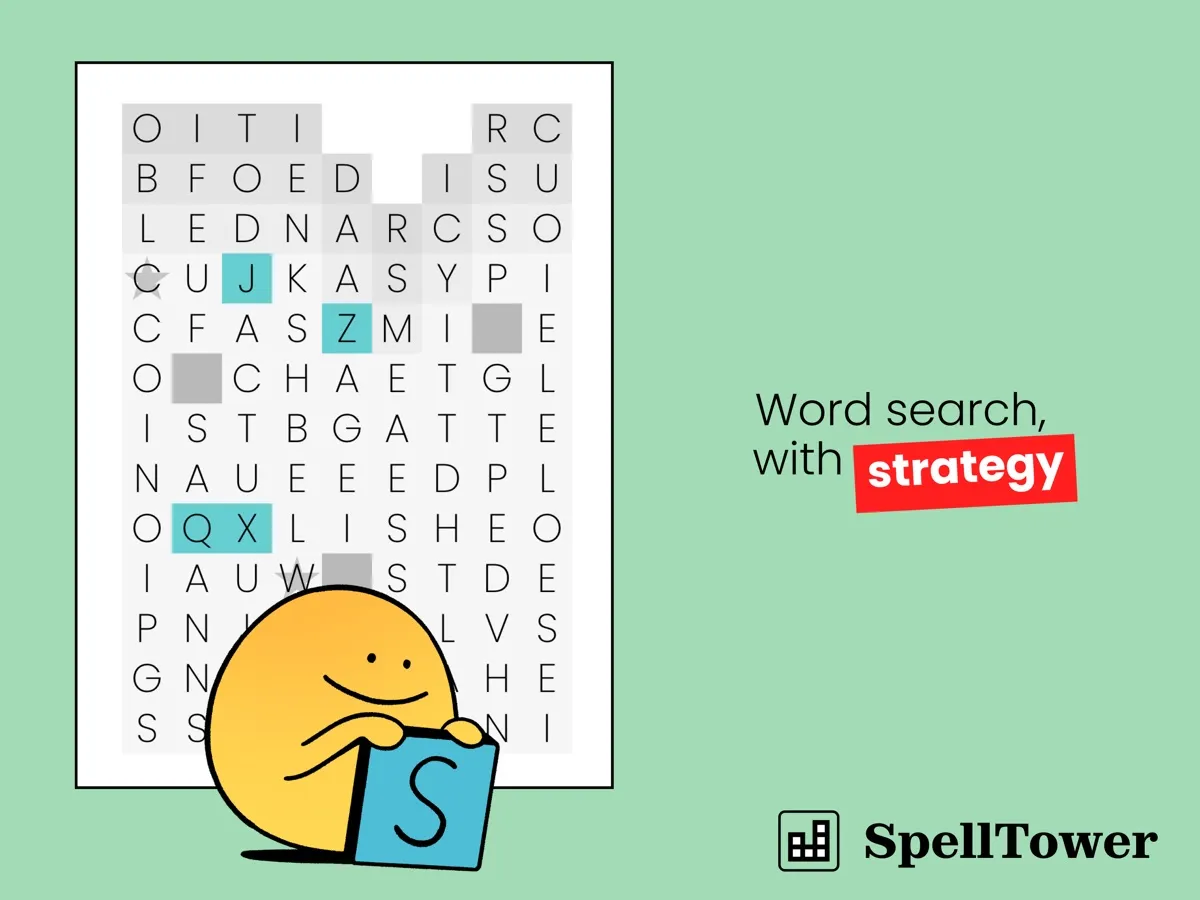 A SpellTower grid on Puzzmo shown on a tablet