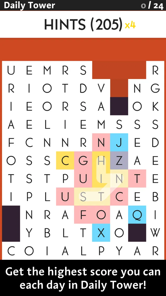 SpellTower App Store screenshot of Daily Tower: a tall grid of letter tiles with the word HINTS traced through it and the caption Get the highest score you can each day in Daily Tower