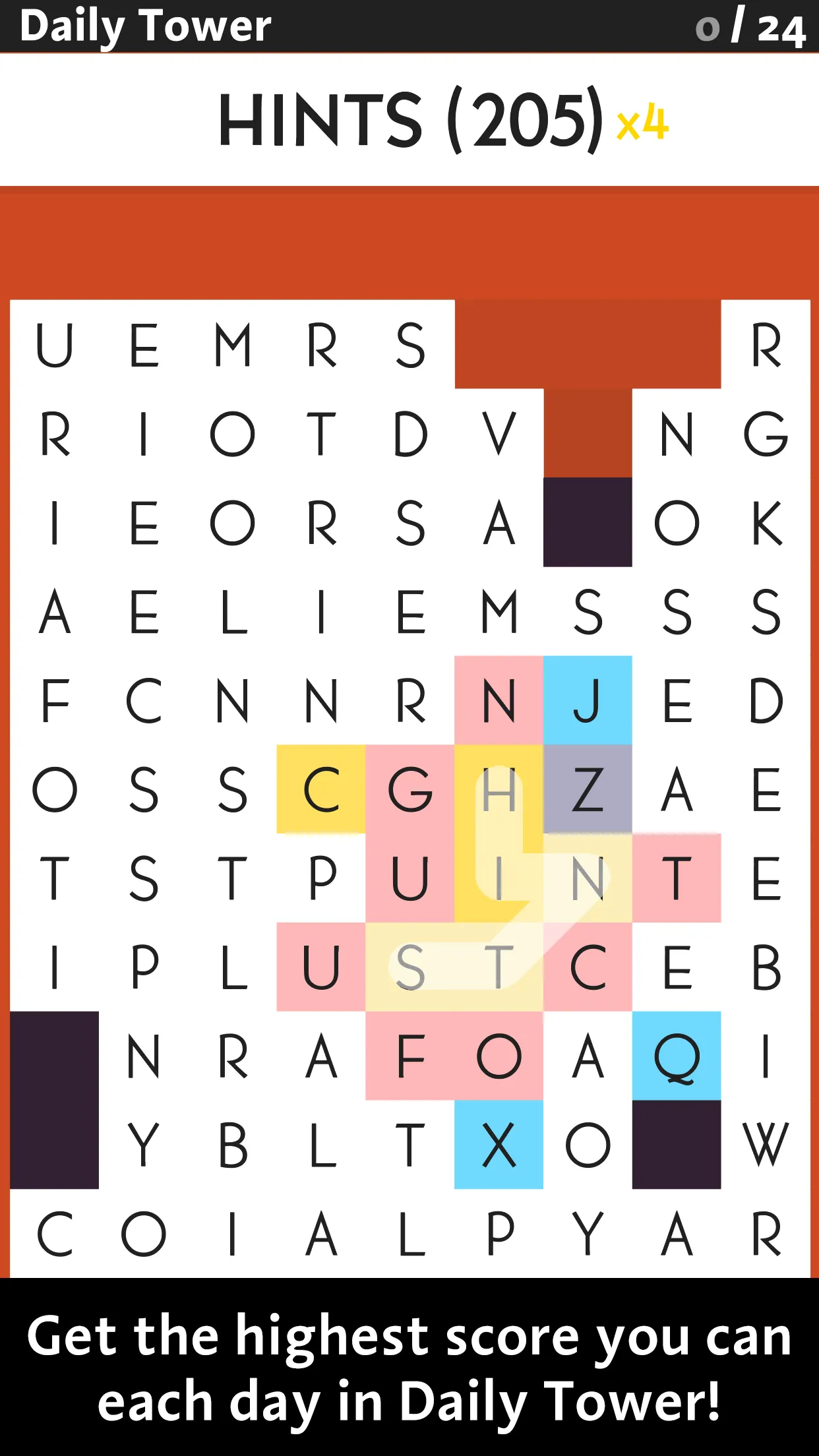 SpellTower App Store screenshot of Daily Tower: a tall grid of letter tiles with the word HINTS traced through it and the caption Get the highest score you can each day in Daily Tower