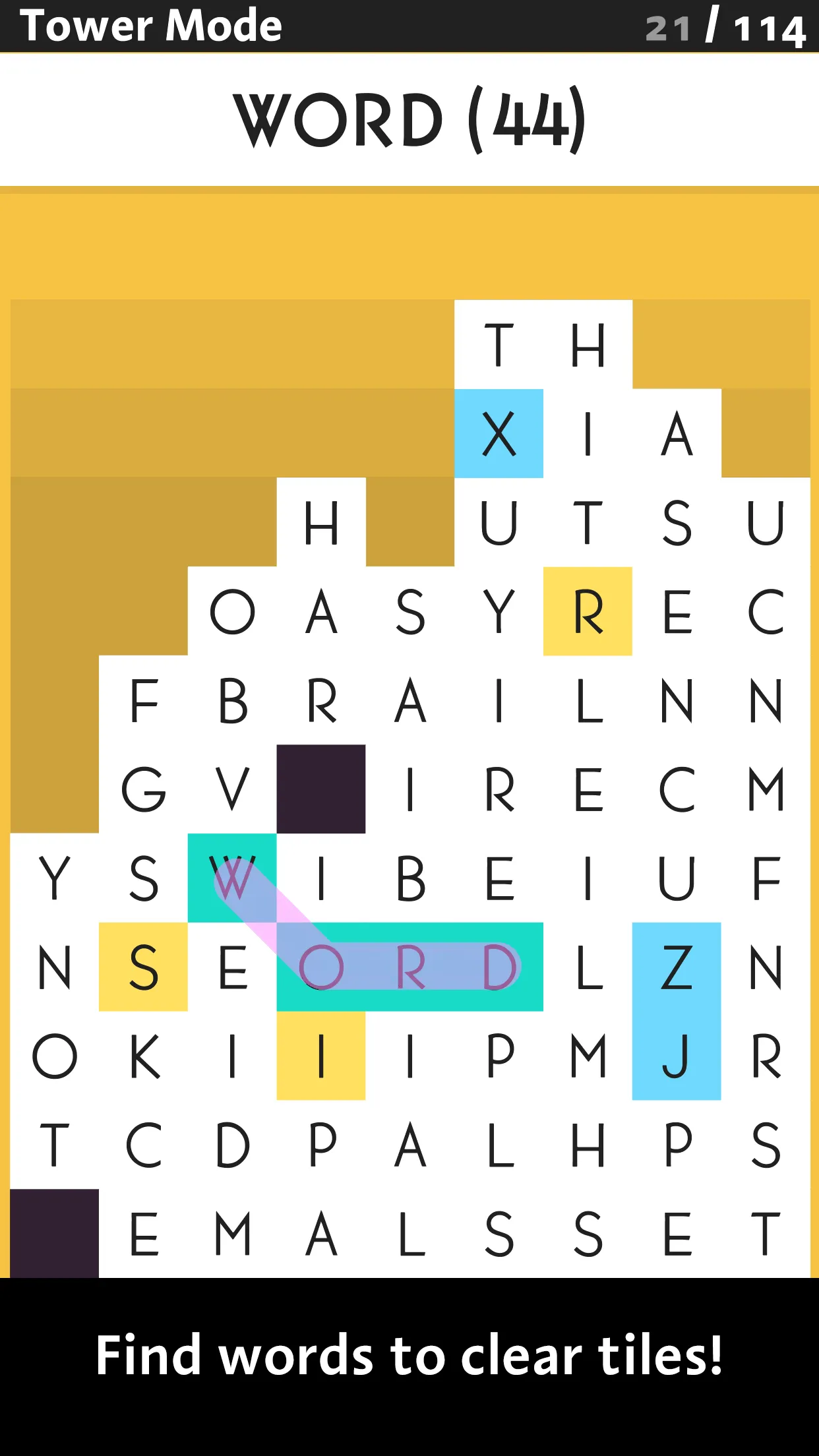 A SpellTower puzzle board of stacked letter tiles
