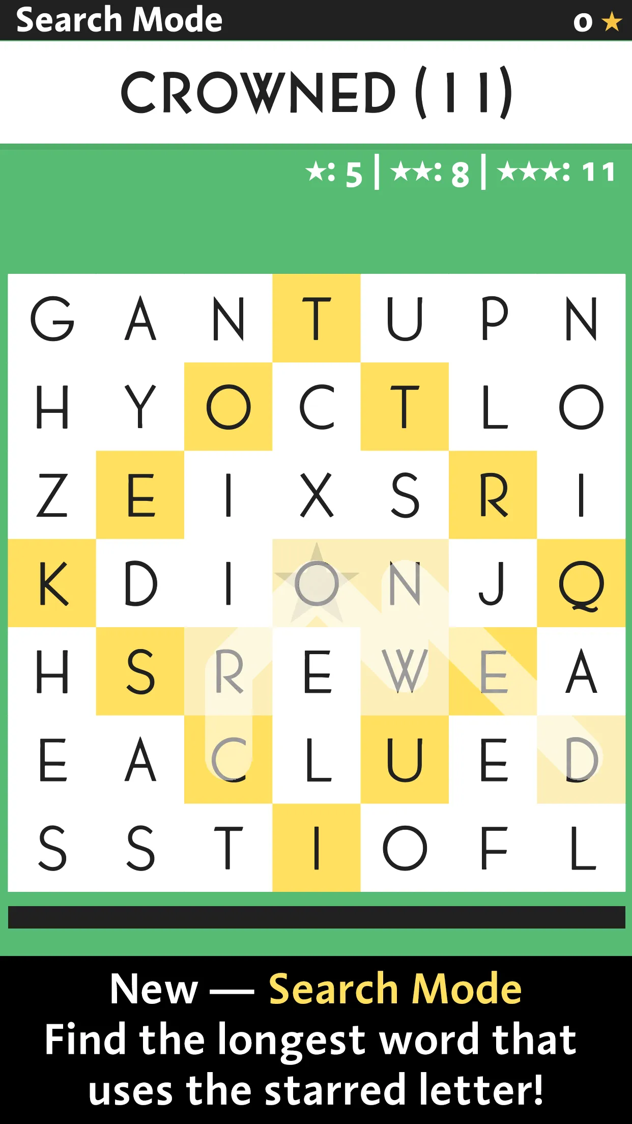 SpellTower App Store screenshot of Search Mode: a 7 by 7 letter grid with a starred O, the word CROWNED traced for 11 points and star targets of 5, 8 and 11
