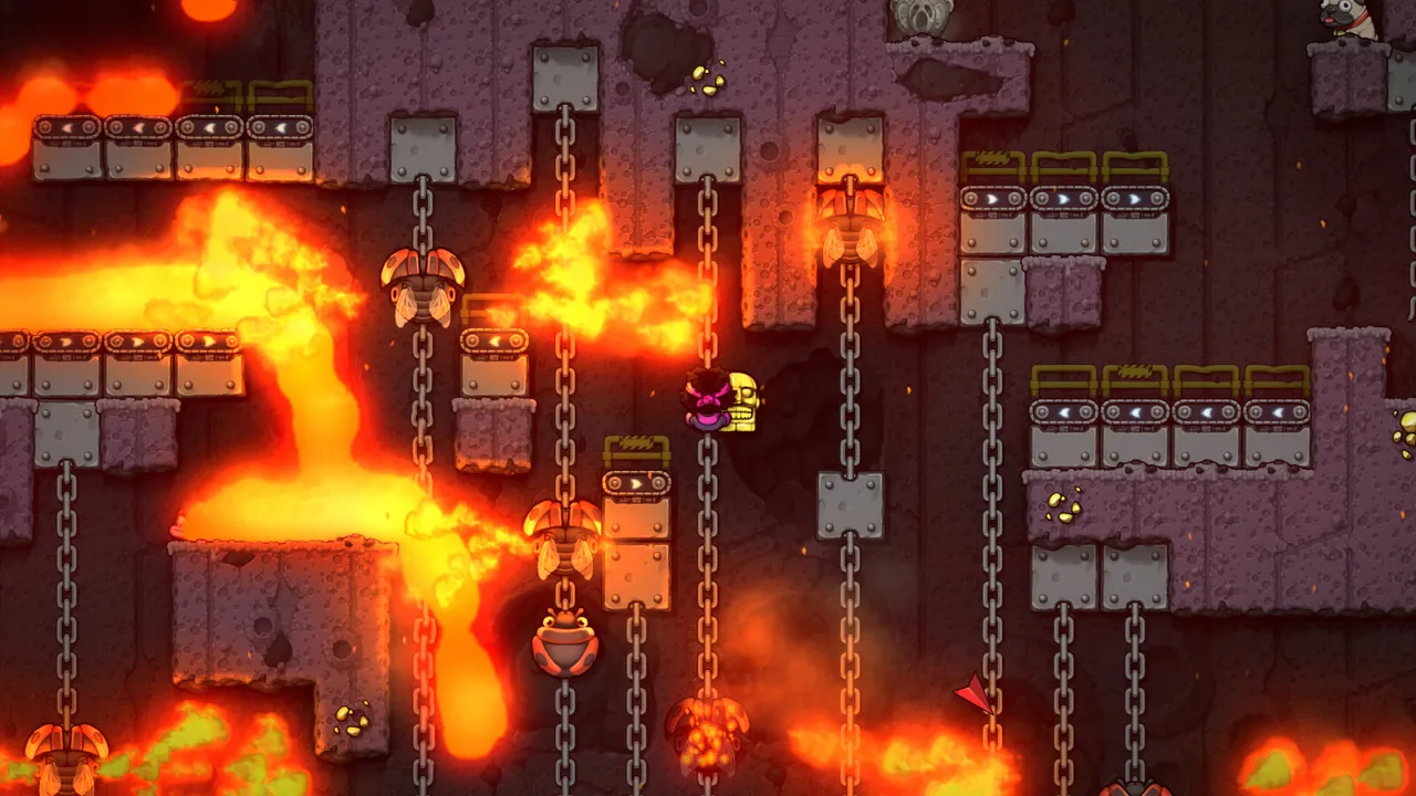 Spelunky 2 gameplay: the explorer climbs between hanging chains and stone blocks in a level filled with flowing lava