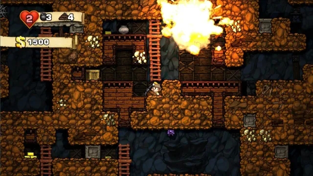 The Spelunky explorer in a brown cave of ladders and wooden rooms as a bomb explodes above, with hearts, bombs, ropes and 1500 gold shown top left
