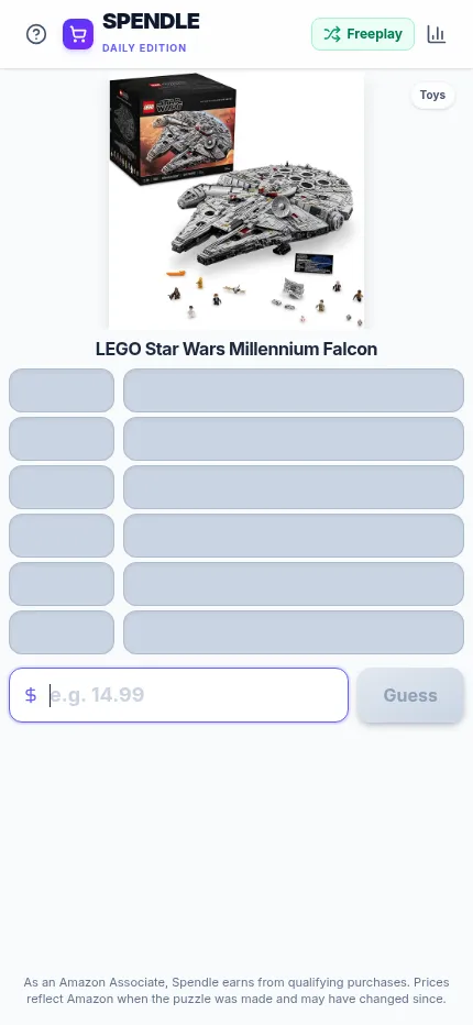 Spendle at phone size: today's LEGO Millennium Falcon product above six empty guess rows and the price box