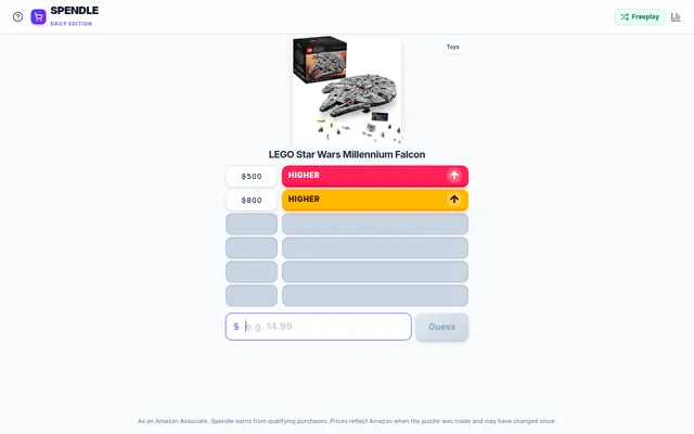 Spendle's Daily Edition board: a LEGO Star Wars Millennium Falcon set with two guesses, $500 and $800, both marked Higher