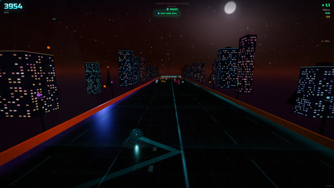 SPHERE ROLLER screenshot of a glowing sphere rolling down a neon track