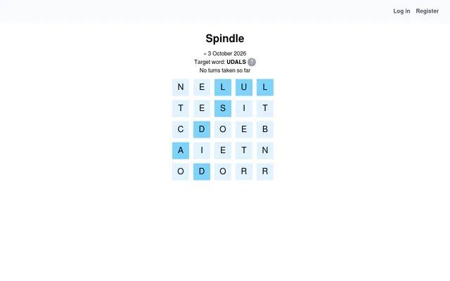 Spindle puzzle for 3 October 2026: target word UDALS above a 5x5 letter grid with the target's letters highlighted in blue, and No turns taken so far