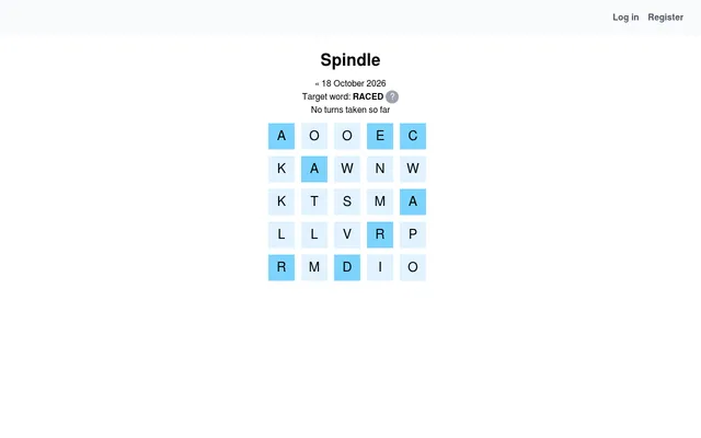 Spindle puzzle for 18 October 2026 on a desktop: target word RACED above a 5x5 letter grid with its letters shaded blue, no turns taken yet