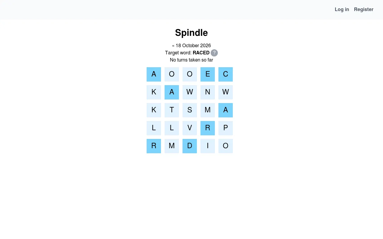 Spindle puzzle for 18 October 2026 on a desktop: target word RACED above a 5x5 letter grid with its letters shaded blue, no turns taken yet