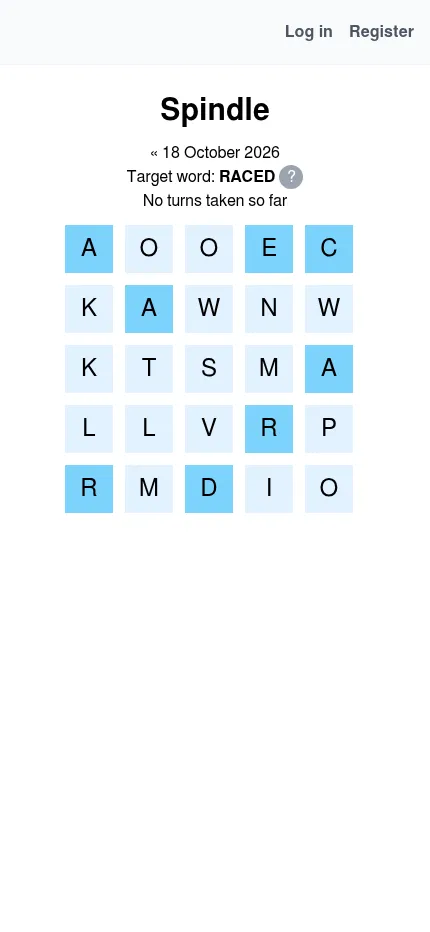 Spindle's 18 October 2026 puzzle at phone size, the 5x5 grid and target word RACED fitting the screen