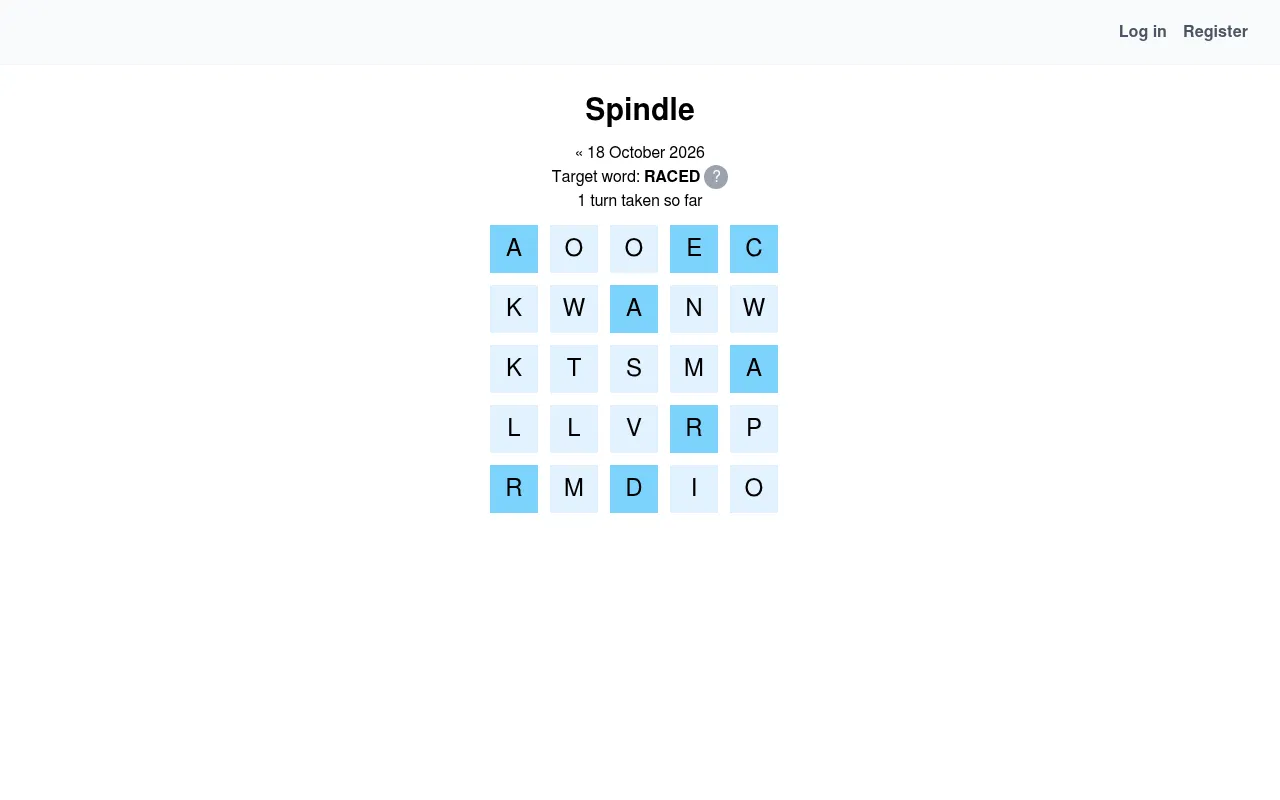 Spindle on 18 October 2026 after one spin: AW in the second row flipped to WA, counter showing 1 turn taken