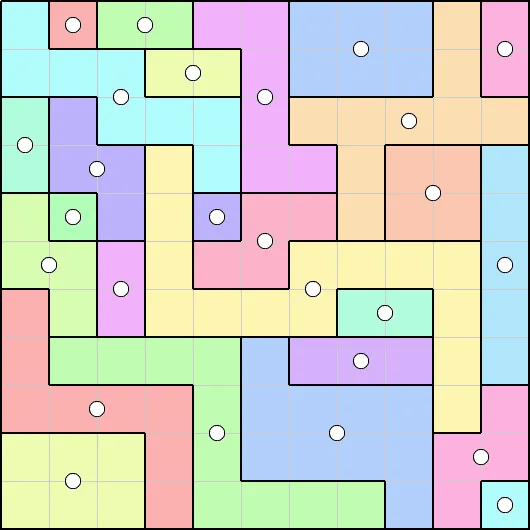A finished Spiral Galaxy from PuzzleMadness's rules, the grid split into coloured galaxies that are each symmetric around a white dot