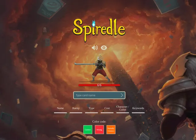 The Spiredle game screen: the Ironclad with a 6/6 guess bar, a box to type a card name, the Name, Rarity, Type, Cost, Character and Keywords columns and the colour code