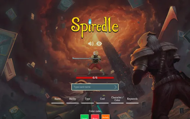 The Spiredle game screen: a character sprite above a 6/6 guess bar, a box to type a card name, the Name, Rarity, Type, Cost, Character and Keywords columns and the colour code, over painted Slay the S