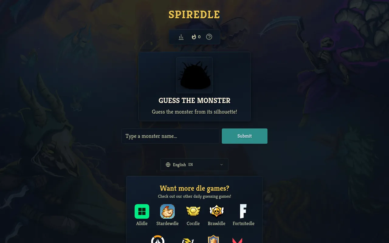 Spiredle Bestiary mode: Guess the monster from its silhouette, a black spiky monster outline above a box to type a monster name and Submit
