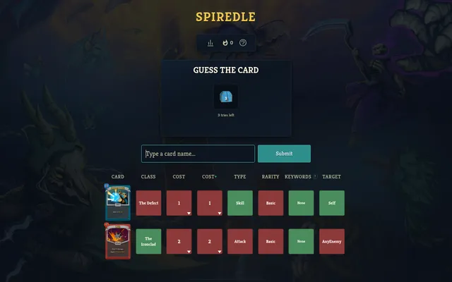 Spiredle Classic mode on 19 Oct 2026: two card guesses, Defend and Bash, with class, cost, type, rarity, keywords and target in green and red under the guess box