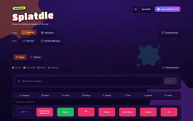 Splatdle's daily board after three guesses: the newest row, Splat Charger (Splatoon 3), shows Charger in green and range 88 with an up arrow, weight, sub, special and game in red