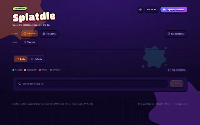 The Splatdle page: the Splatdle wordmark, Daily and Infinite tabs, the colour key for Correct, Close (±10), Wrong and Unknown, and the weapon search box with the Guess button