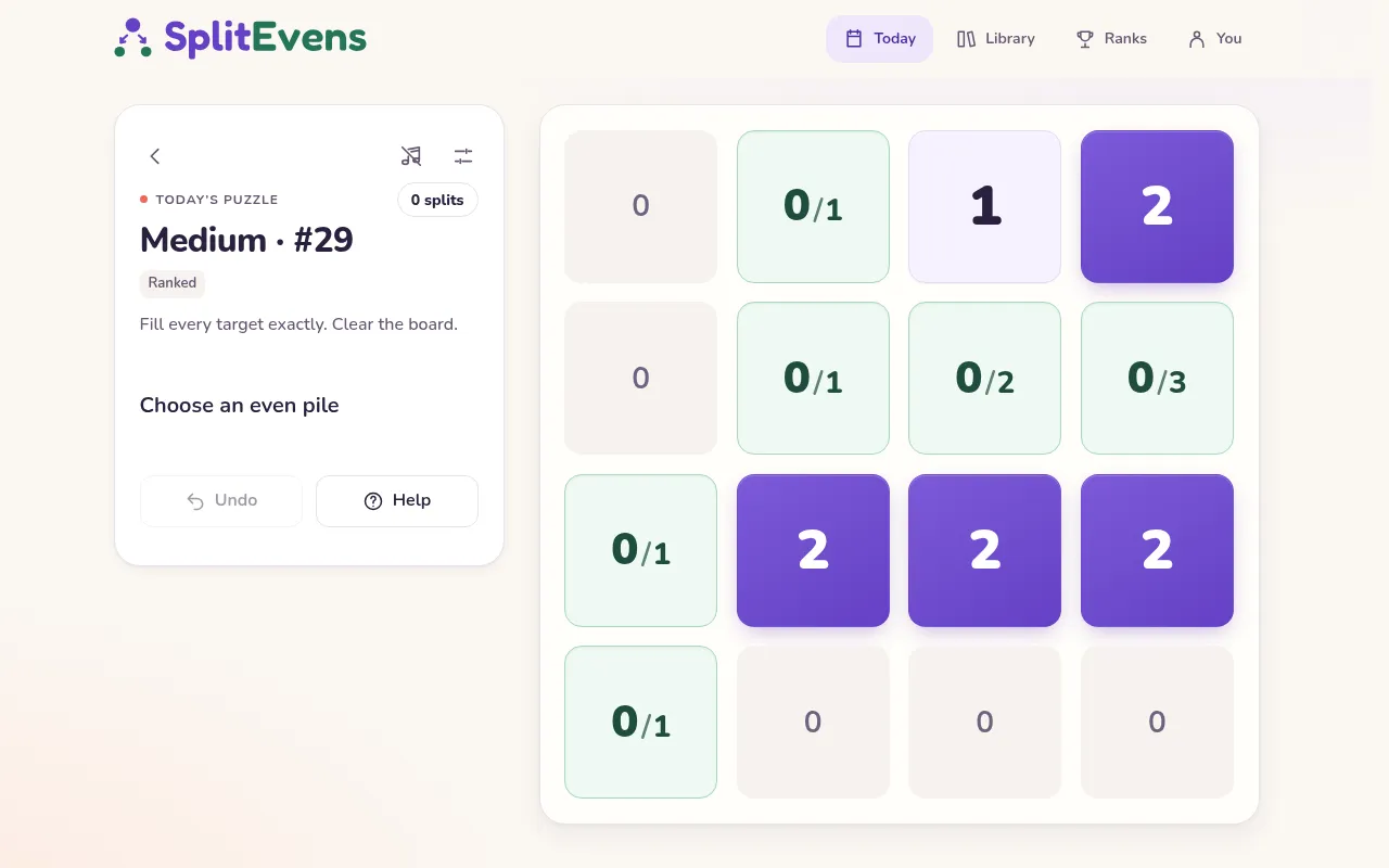 SplitEvens Medium puzzle #29: a 4 by 4 board with purple even piles of 2, green targets needing 1 to 3, and Undo and Help buttons