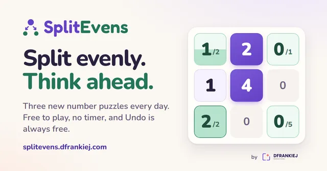 SplitEvens share image: a 3 by 3 board of purple piles and green targets beside the words Split evenly. Think ahead.
