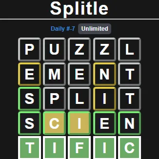 Splitle board with five rows of coloured letter tiles, ending with the halves SCIEN and TIFIC solved