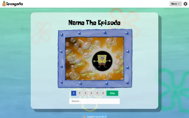 Spongedle's Name The Episode board on 21 October 2026: a SpongeBob still of him in a burst of bubbles in a porthole frame, screenshot buttons 1 to 6, Skip and the episode search box