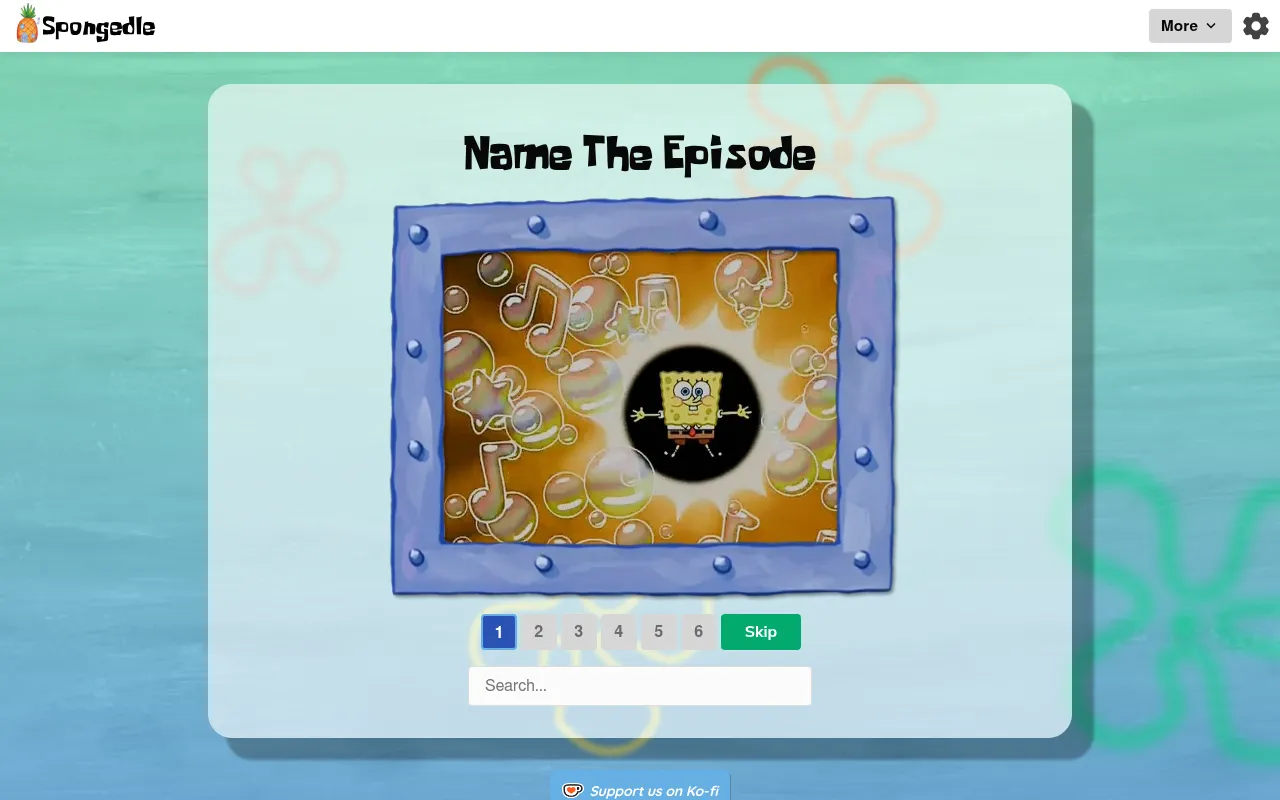 Spongedle's Name The Episode board on 21 October 2026: a SpongeBob still of him in a burst of bubbles in a porthole frame, screenshot buttons 1 to 6, Skip and the episode search box