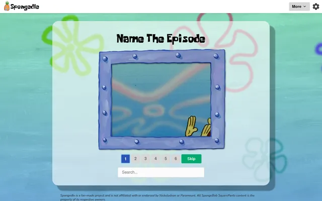 Spongedle's Name The Episode puzzle: a blurred SpongeBob SquarePants still in a porthole frame, clue buttons 1 to 6 with Skip, and a search box for the episode