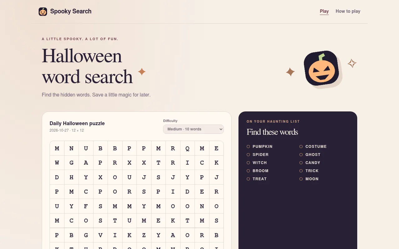 Spooky Search on a desktop: the 2026-10-27 daily medium grid beside its list of ten Halloween words to find