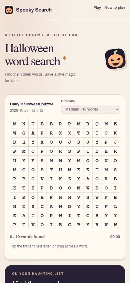 Spooky Search on a phone: the Daily Halloween puzzle for 2026-10-27 on medium, a 12 by 12 letter grid with 0 of 10 words found